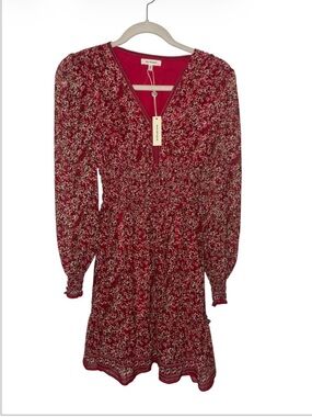 NWT Max Studio Red Floral Dress Long Sheer Bubble Sleeve. Sz XS